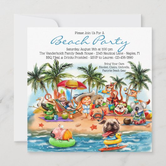 Invitation Fête d'animaux de plage (Devant)