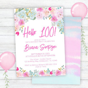 Invitation Fête d'anniversaire 100 ans Fleurs Rose Bleu Pêche