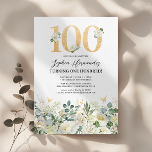 Invitation Fête d'anniversaire 100 ans Floral Vert & Blanc