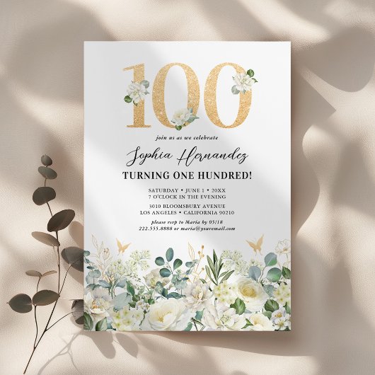 Invitation Fête d'anniversaire 100 ans Floral Vert & Blanc