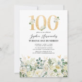 Invitation Fête d'anniversaire 100 ans Floral Vert & Blanc (Devant)