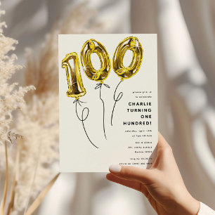 Invitation Fête d'anniversaire 100 ballons Gold Minimal 100
