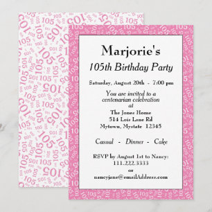 Invitation Fête d'anniversaire 105 ans Motif de nombres rose/
