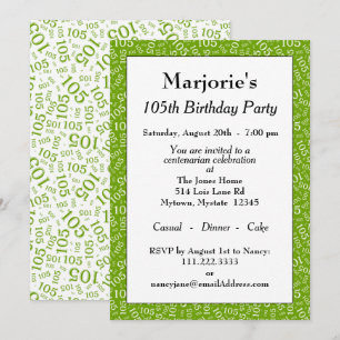 Invitation Fête d'anniversaire 105 ans motif de nombres Vert/