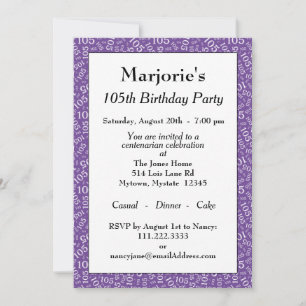Invitation Fête d'anniversaire 105 ans Motif de nombres viole
