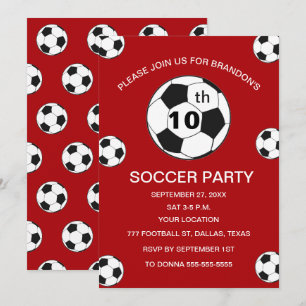 Invitation Fête d'anniversaire 10 ans Football Rouge Garçons