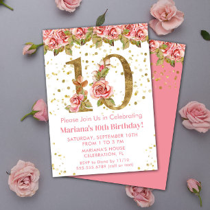 Invitation Fête d'anniversaire 10 ans thème Roses roses