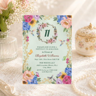 Invitation Fête d'anniversaire 11 ans Royal Gold Floral Hummi