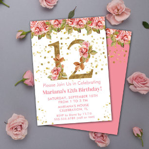 Invitation Fête d'anniversaire 12 ans thème Roses roses