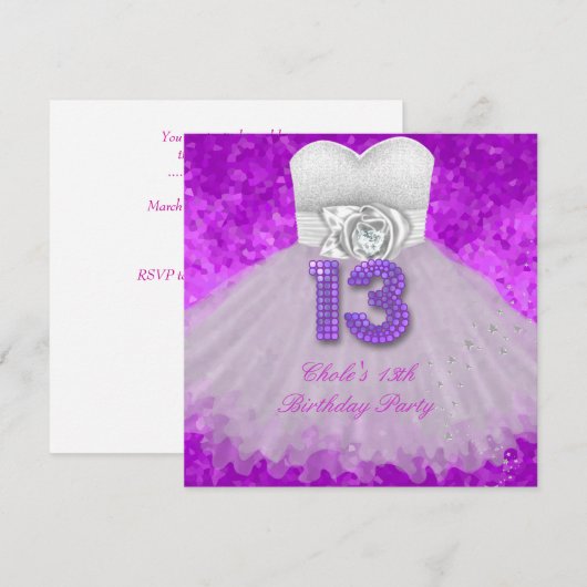 Invitation Fête d'anniversaire 13 ans Filles Violet (Devant / Derrière)