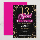 Invitation Fête d'anniversaire 13 ans Rose Néon (Devant / Derrière)