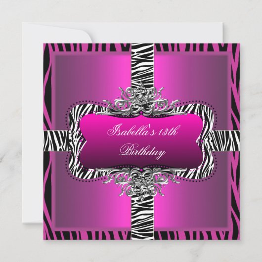 Invitation Fête d'anniversaire 13ème Ado Wild Pink Zebra Blac (Devant)