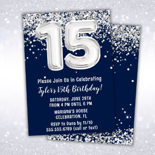 Invitation Fête d'anniversaire 15 ans Bleu Marine Argent