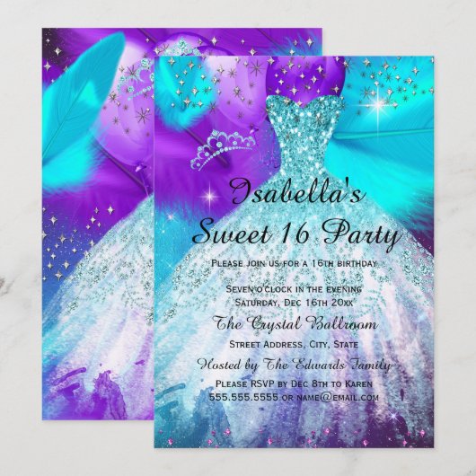 Invitation Fête d'anniversaire 16 ans Ballons sarcelle violet (Devant / Derrière)