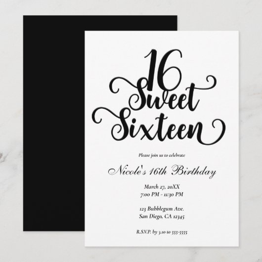 Invitation Fête d'anniversaire 16 ans Blanc & Noir (Devant / Derrière)