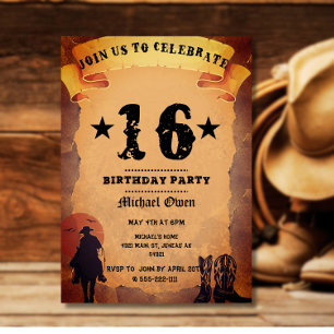 Invitation fête d'anniversaire 16 ans cowboy papier vieux che