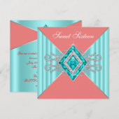 Invitation Fête d'anniversaire 16 ans Diamant Turquoise Corai (Devant / Derrière)