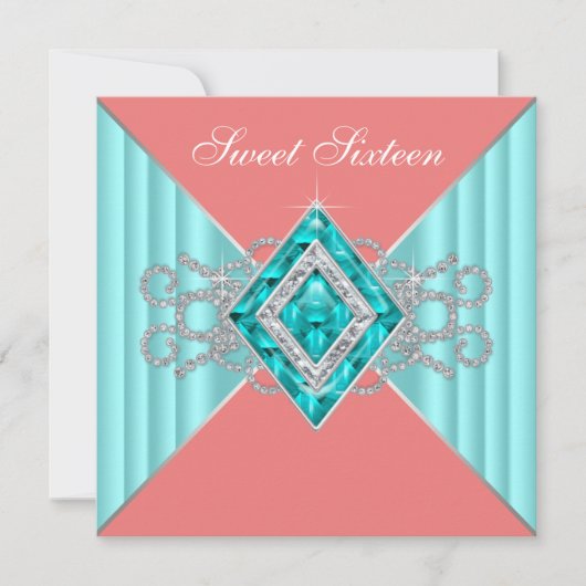Invitation Fête d'anniversaire 16 ans Diamant Turquoise Corai (Devant)