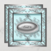 Invitation Fête d'anniversaire 16 ans douce Bleu sarcelle arg (Devant / Derrière)