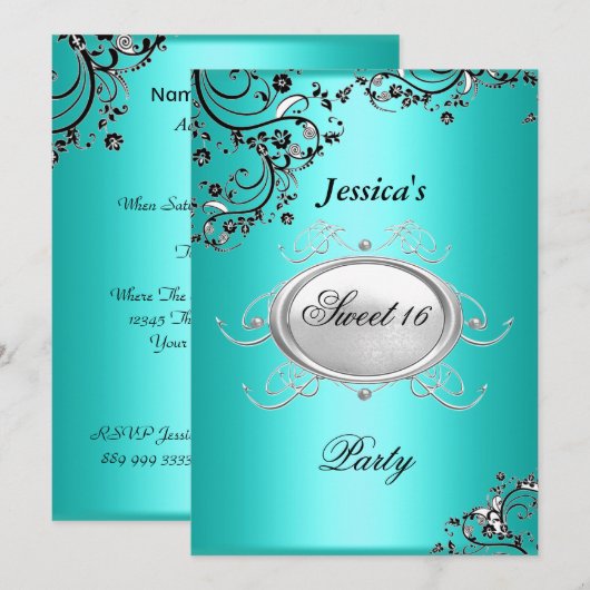 Invitation Fête d'anniversaire 16 ans douce turquoise (Devant / Derrière)