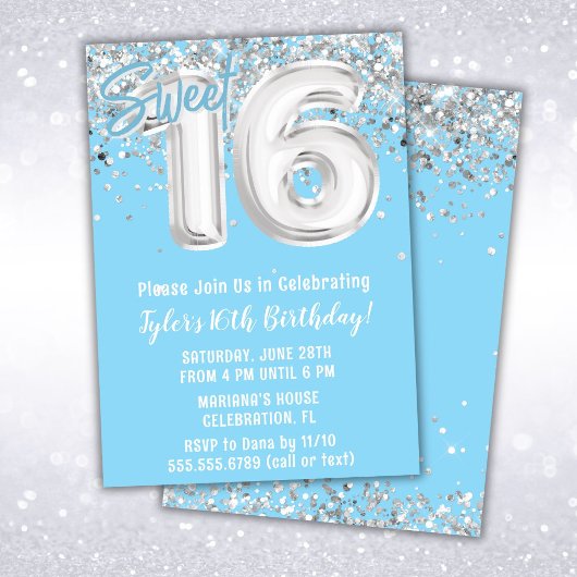 Invitation Fête d'anniversaire 16 ans Light Blue Silver Sweet