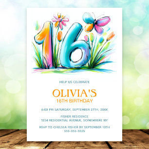 Invitation Fête d'anniversaire 16 ans Papillon Floral Bleu Or
