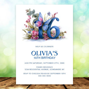 Invitation Fête d'anniversaire 16 ans papillon floral bleu ro