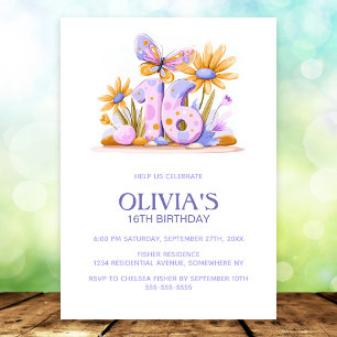 Invitation Fête d'anniversaire 16 ans papillon floral rose vi