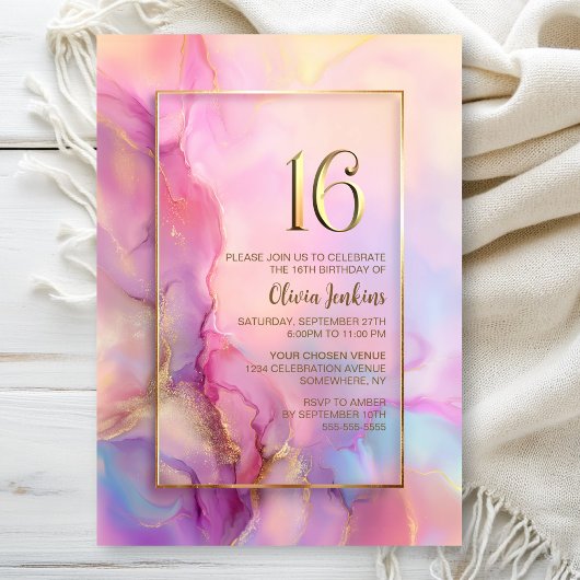 Invitation Fête d'anniversaire 16 ans rose et or