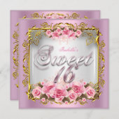 Invitation Fête d'anniversaire 16 ans Roses roses Or blanc (Devant / Derrière)