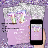 Invitation Fête d'anniversaire 17 ans de Rainbow Sparkle Glit