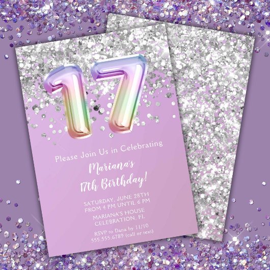 Invitation Fête d'anniversaire 17 ans de Rainbow Sparkle Glit