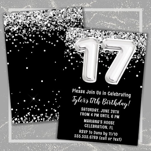 Invitation Fête d'anniversaire 17 ans Noir Blanc Argent