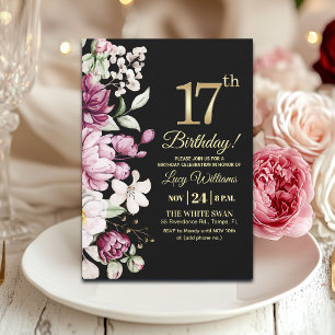 Invitation Fête d'anniversaire 17 ans Or Floral Élégant