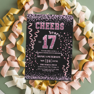 Invitation Fête d'anniversaire 17 ans Paillettes roses Strass