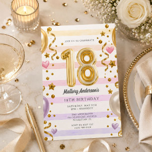 Invitation Fête d'anniversaire 18 ans à rayures lavande rose