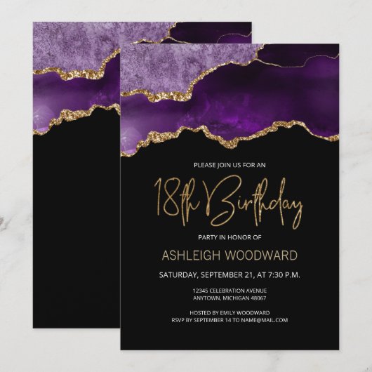 Invitation Fête d'anniversaire 18 ans Agate Geode Violet Or (Devant / Derrière)