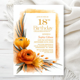 Invitation Fête d'anniversaire 18 ans aux fleurs orange vibra