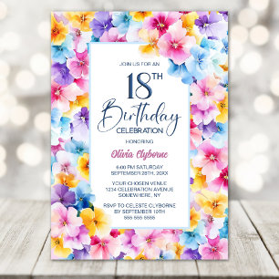 Invitation Fête d'anniversaire 18 ans aux fleurs roses et ble