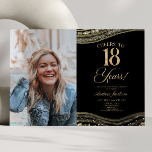 Invitation Fête d'anniversaire 18 ans Black Gold Agate Pictur
