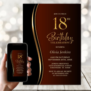 Invitation Fête d'anniversaire 18 ans Black Gold Burnt Orange