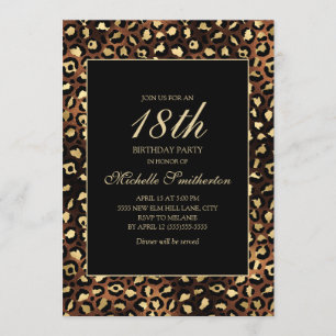 Invitation Fête d'anniversaire 18 ans Bronze Or Noir Léopard