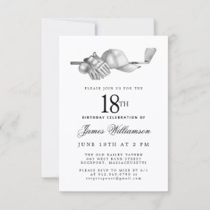 Invitation Fête d'anniversaire 18 ans élégant noir blanc golf