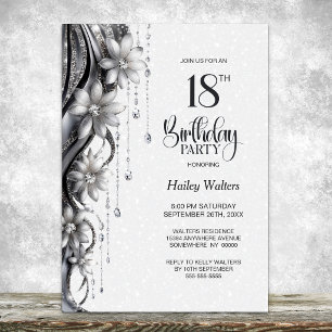Invitation Fête d'anniversaire 18 ans Fleurs et Diamants