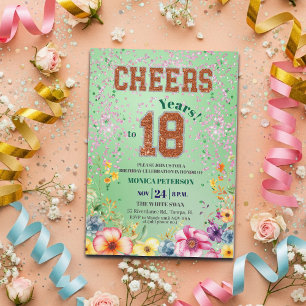 Invitation Fête d'anniversaire 18 ans Floral Pailleté Émeraud