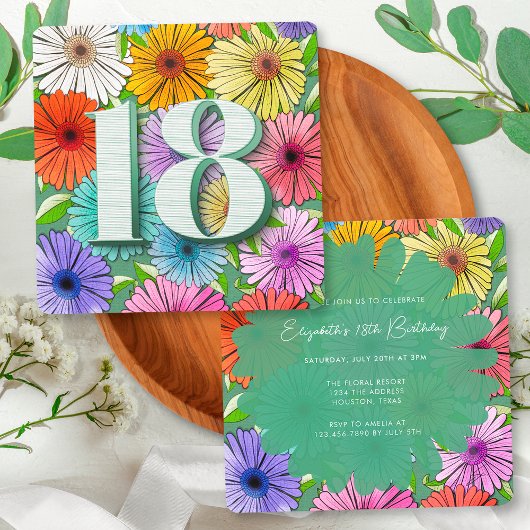 Invitation Fête d'anniversaire 18 ans Floral Rustique Vert de