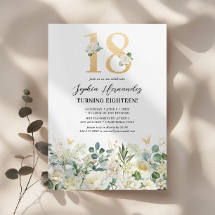 Invitation Fête d'anniversaire 18 ans Floral Vert & Blanc