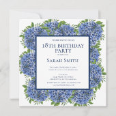 Invitation Fête d'anniversaire 18 ans Hydrangeas Bleus Aquare (Devant)