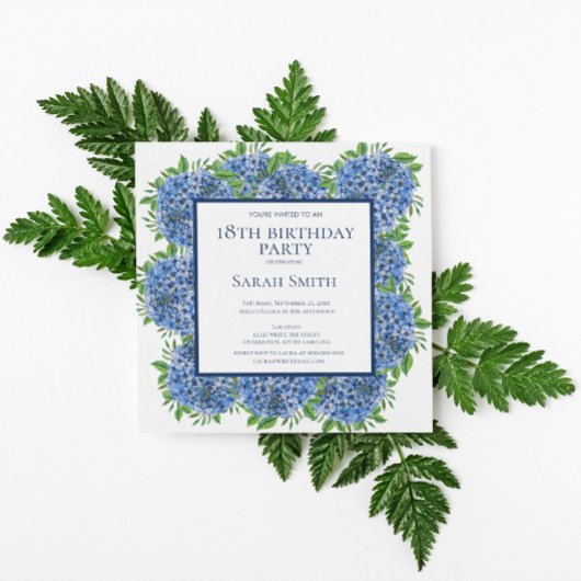Invitation Fête d'anniversaire 18 ans Hydrangeas Bleus Aquare