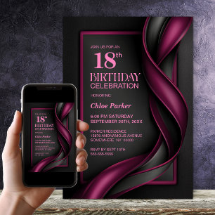 Invitation Fête d'anniversaire 18 ans Moderne Mûre Rouge et N